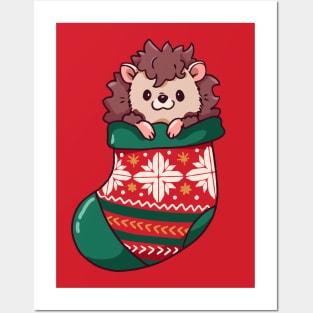 Cute Cartoon Christmas Hedgehog in a Stocking Posters and Art